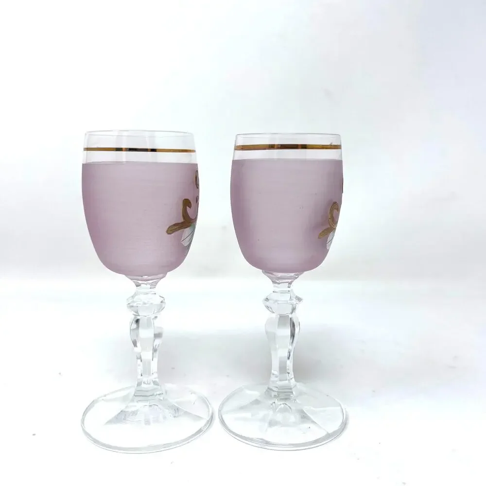 Hand Painted Bohemian Pink Cordial Glasses Set of 2‎ Gold Trim Flower VTG